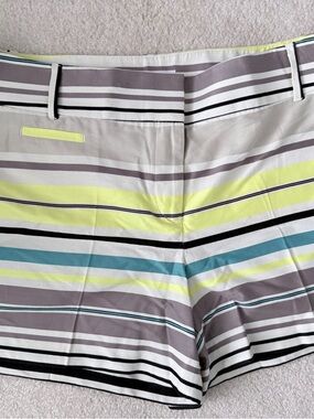 Ann Taylor LOFT Striped Shorts in White, Gray, Black with Neon Yellow Trim